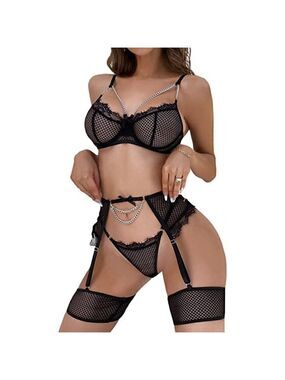 SEXY Eyelash Fishnet Lingerie Chain Babydoll Underwire Bra Panty Set Garter Belt
